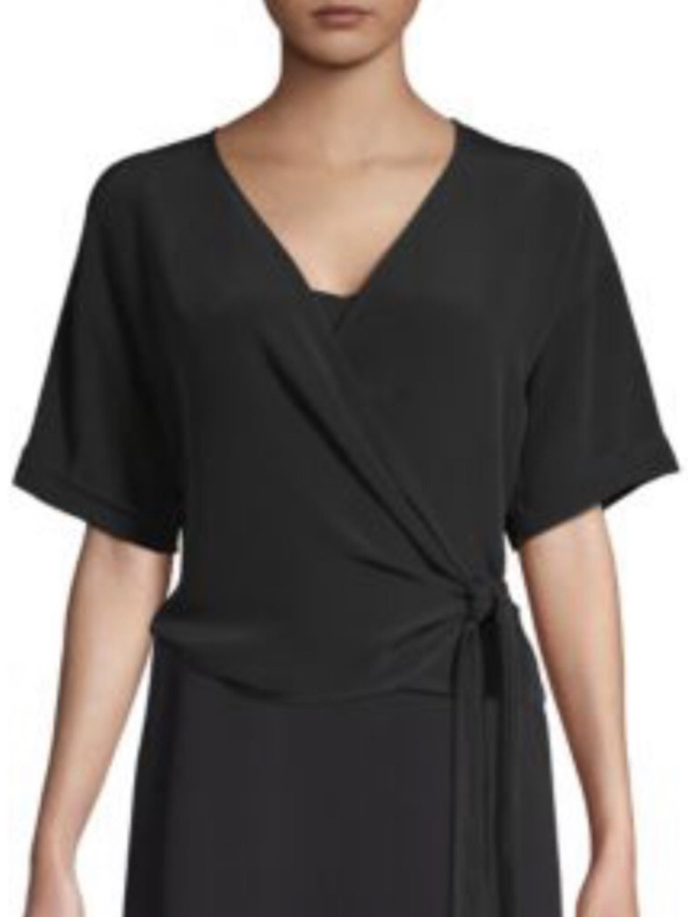 Eileen Fisher Tensel Viscose Crepe V-Neck Wrap Top Black Blouse